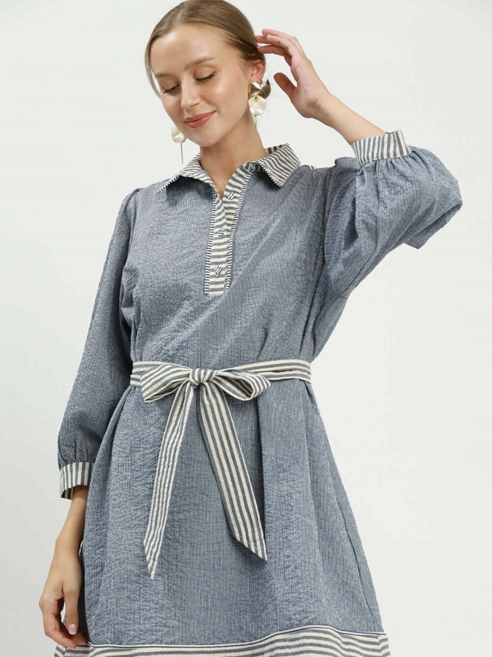 Striped Contrast Belted Puff Sleeve Mini Dress by Umgee USA